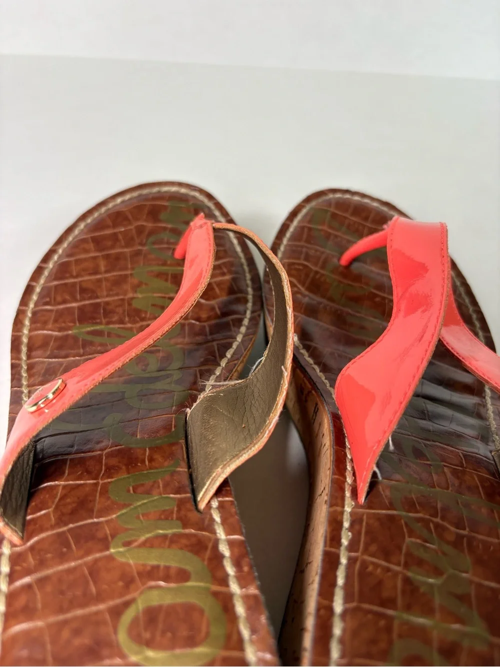 Sam Edelman Romy Croc Print Cork Wedge Thong Sandal US 7.5 Coral
